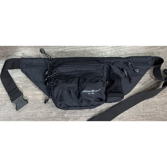 Eddie Bauer Black Fanny Pack Waist Adjustable Bag Multi Pocket Water Bottle - Picture 1 of 10